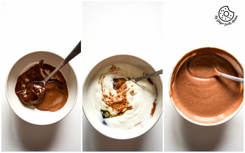 three bowls of chocolate and cream with a spoon in them