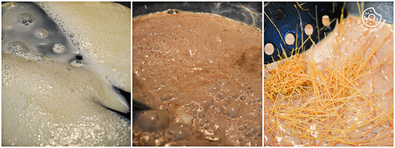 three pictures of a pan with food chocolate vermicelli kheer in it and a spatula