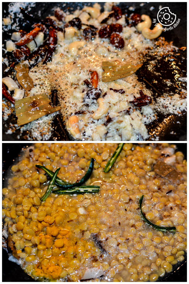 chana dal and vegetables cooking in a skillet with tempering