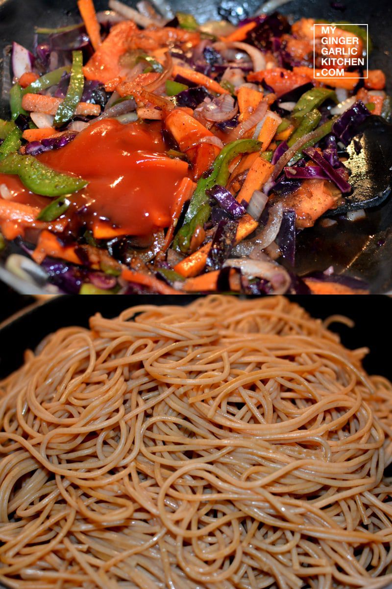 a close up of a pan of noodles and vegetables with sauce