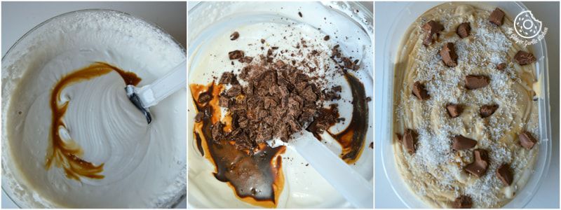 a collage of step three of making creamy coconut coffee chocolate chunk ice cream