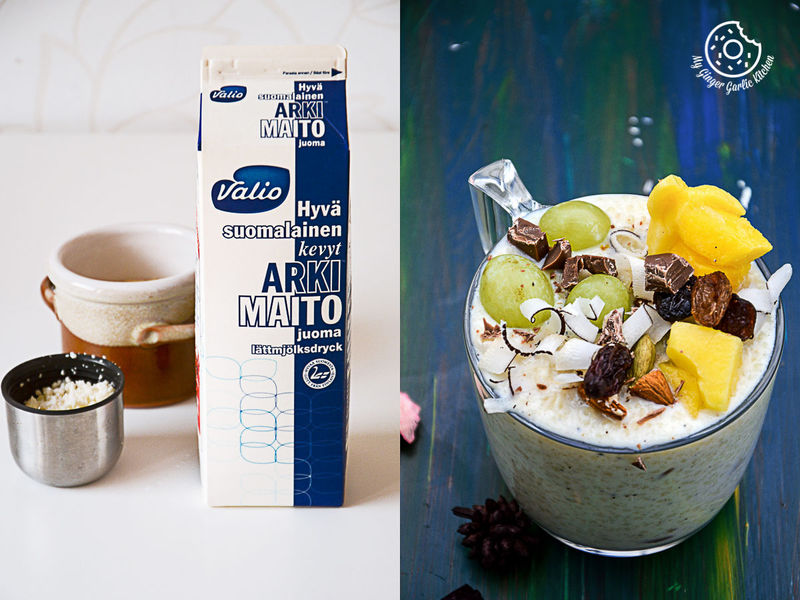 a creamy fruit and nut couscous paneer pudding with chocolate with fruit and nuts in it and a carton of milk