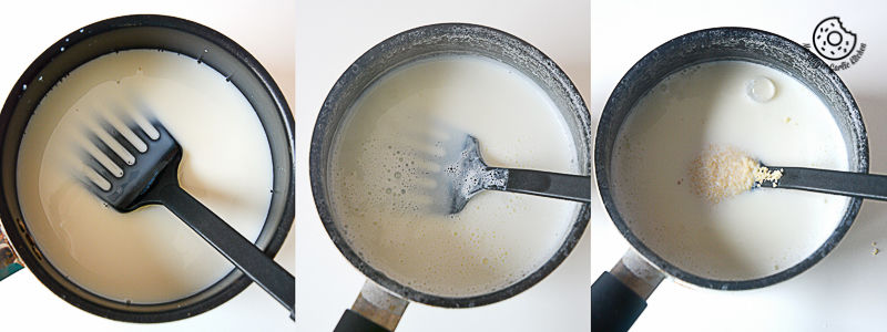 three pictures of a pan with milk and a fork in it