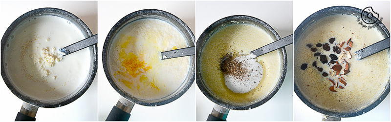 four different pictures of a pan with different types of food