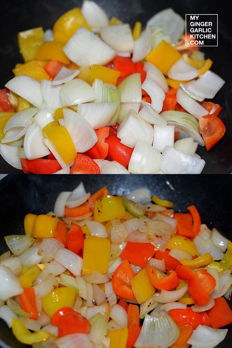 two pictures of a pan with vegetables cooking in it