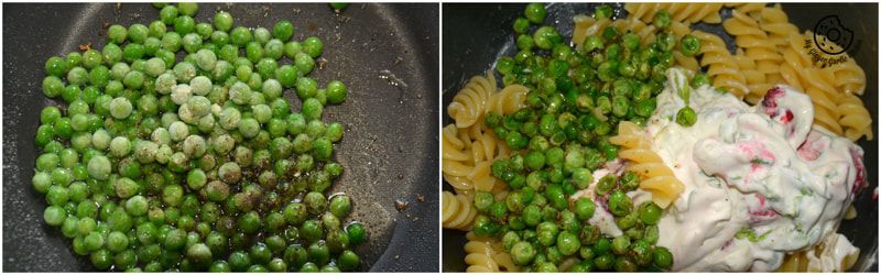 two pictures of a pan filled with pasta and peas