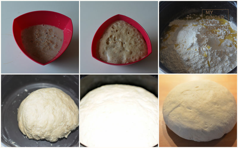 dough in a pan and a bowl with a bowl of flour