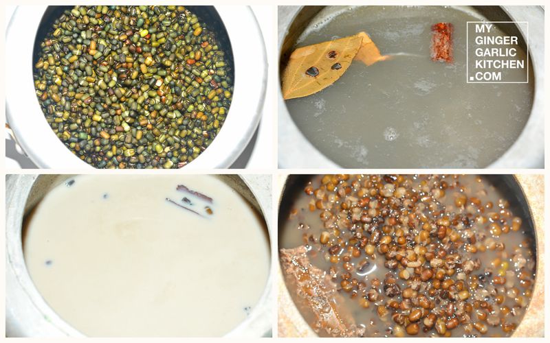 a close up of four pictures of a pot of food with a spoon