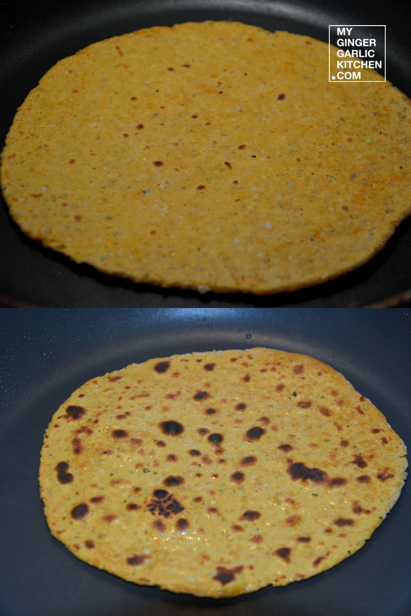 two different views of a pan with a rolled parathas on it