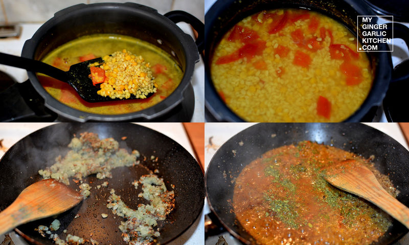 three pans of dal  cooking on a stove with a wooden spoon