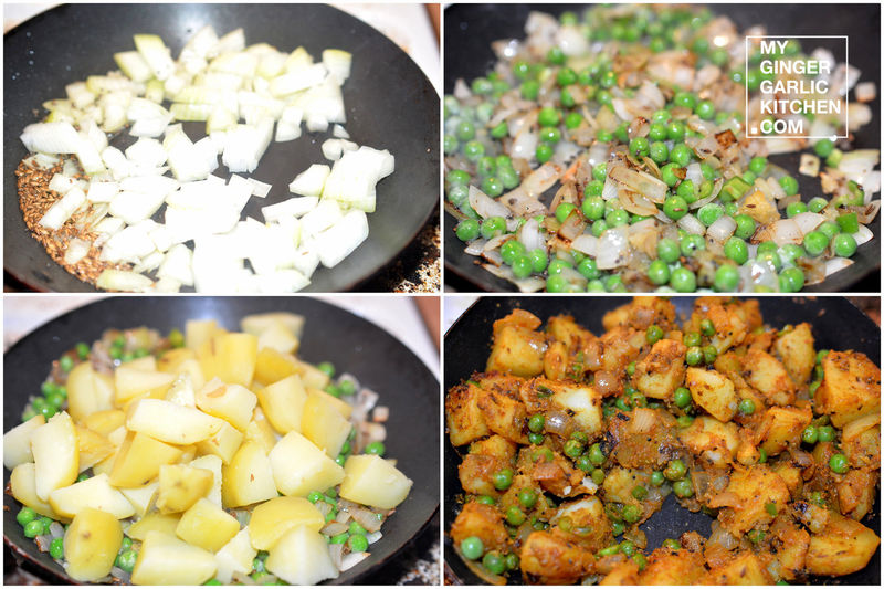 food in a pan with potatoes, peas, and onions
