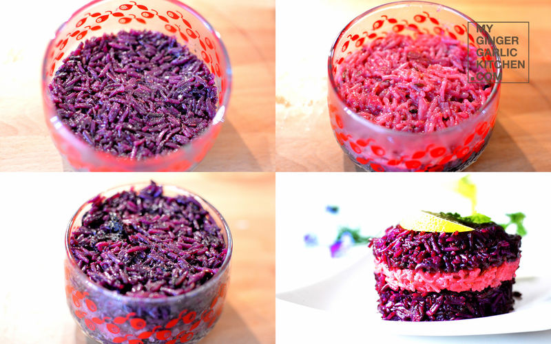four pictures of a fruity blueberry strawberry pulav assembling