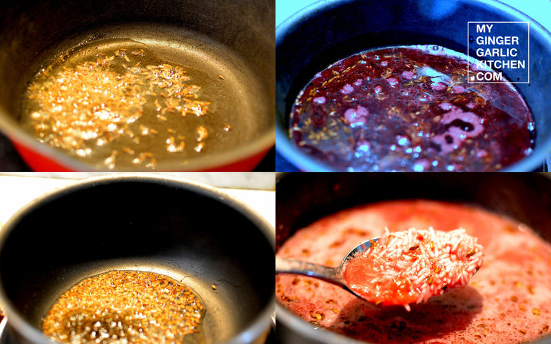 a collage of a pan of fruity blueberry strawberry pulav cooking steps on a stove