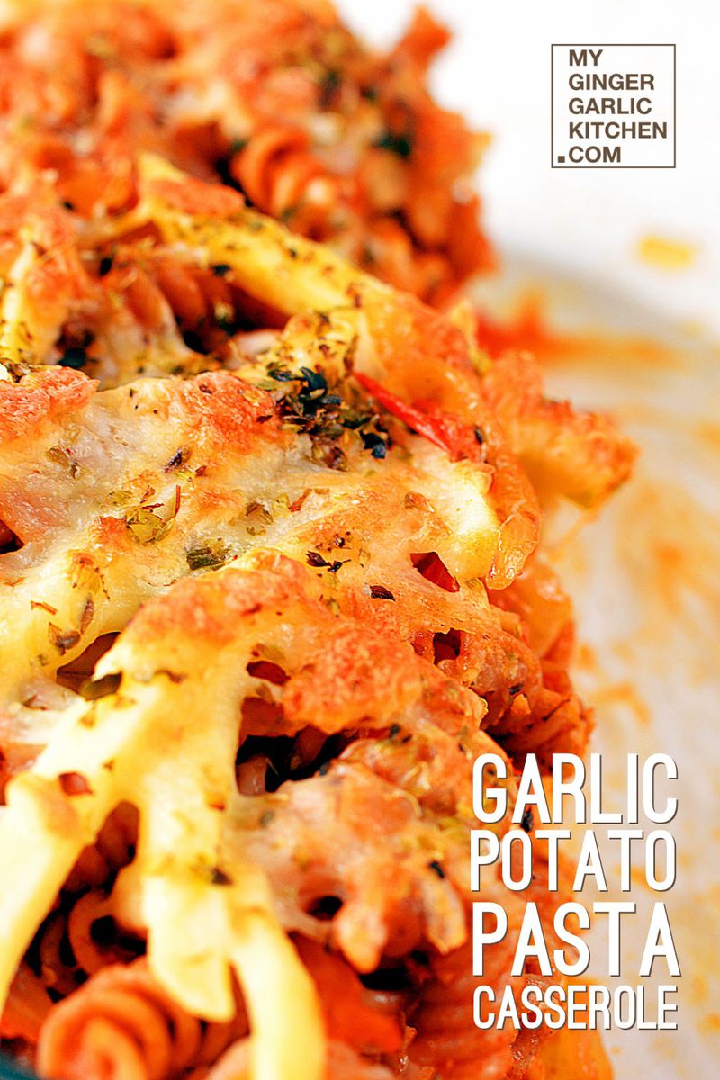 a bowl of garlic potato pasta casserole
