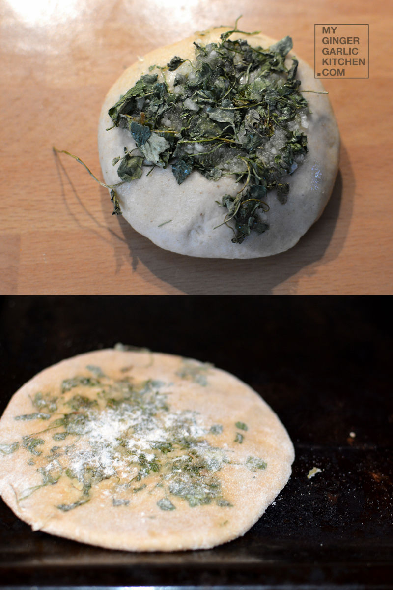 two pictures of a dough and rolled dough circle with cilantro and garlic on it