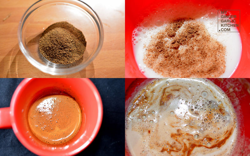 four pictures of a bowl with a mixture of coffee