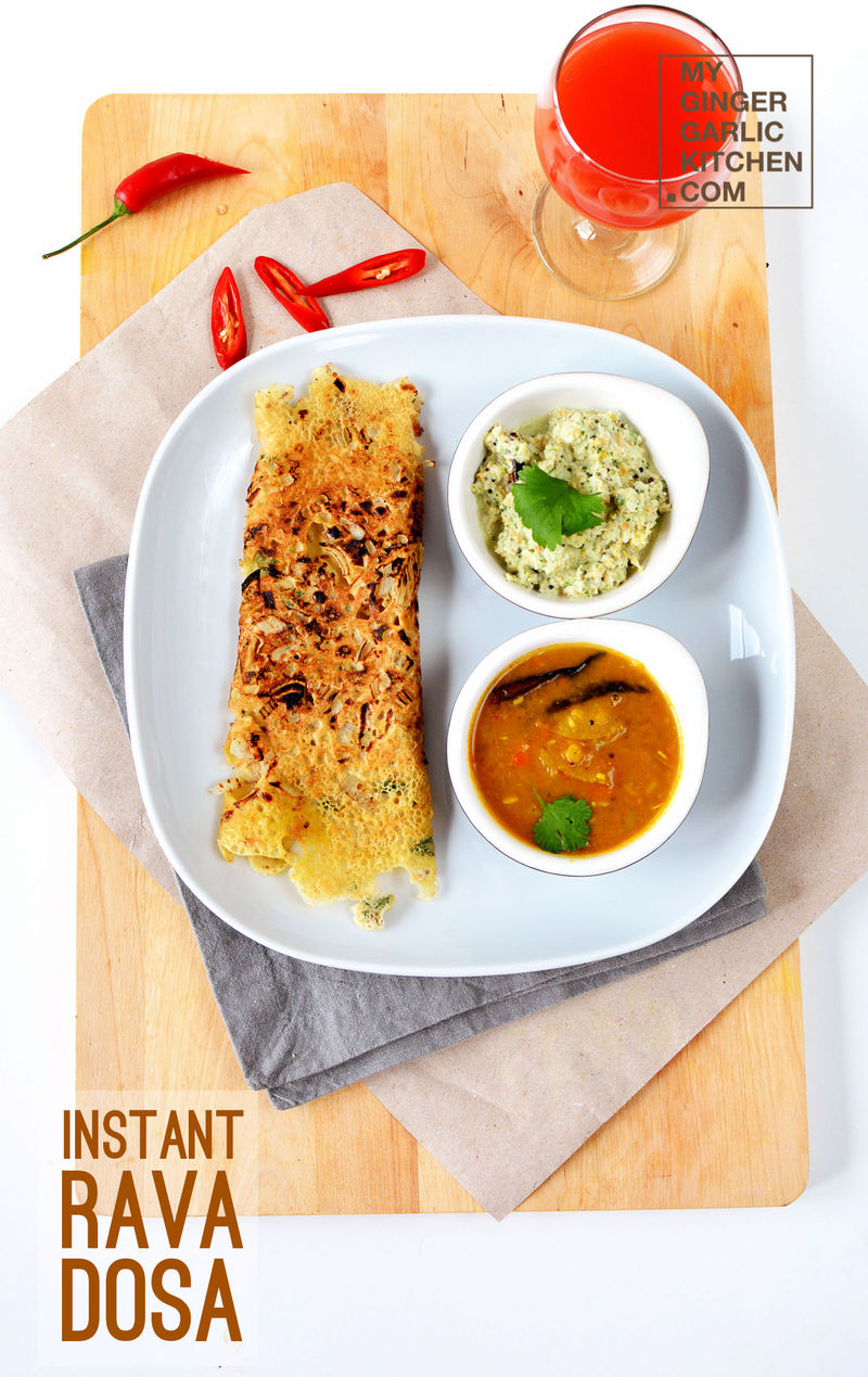 a plate of instant rava dosa with a side of sambar and coconut chutney