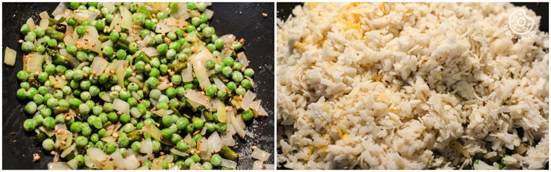 two pictures of a pan with poha and peas and a pan
