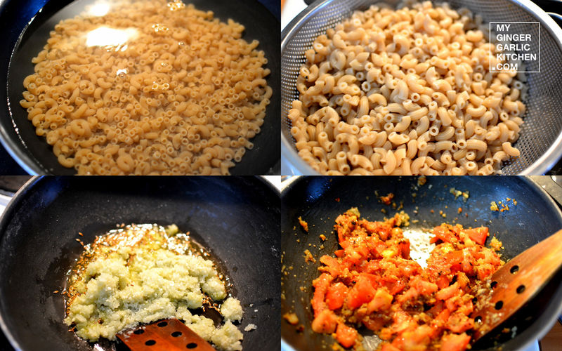 four pictures of a pan with pasta, carrots, and other food cooking