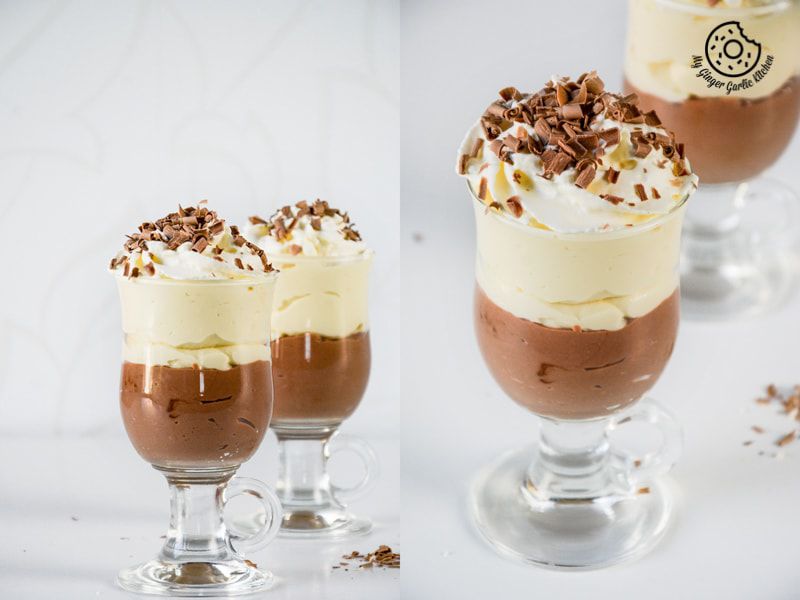 three mascarpone cream cheese chocolate mousse in glasses with whipped cream and chocolate toppings