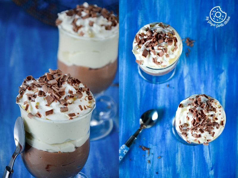 three desserts in glasses with chocolate and whipped cream on a blue table