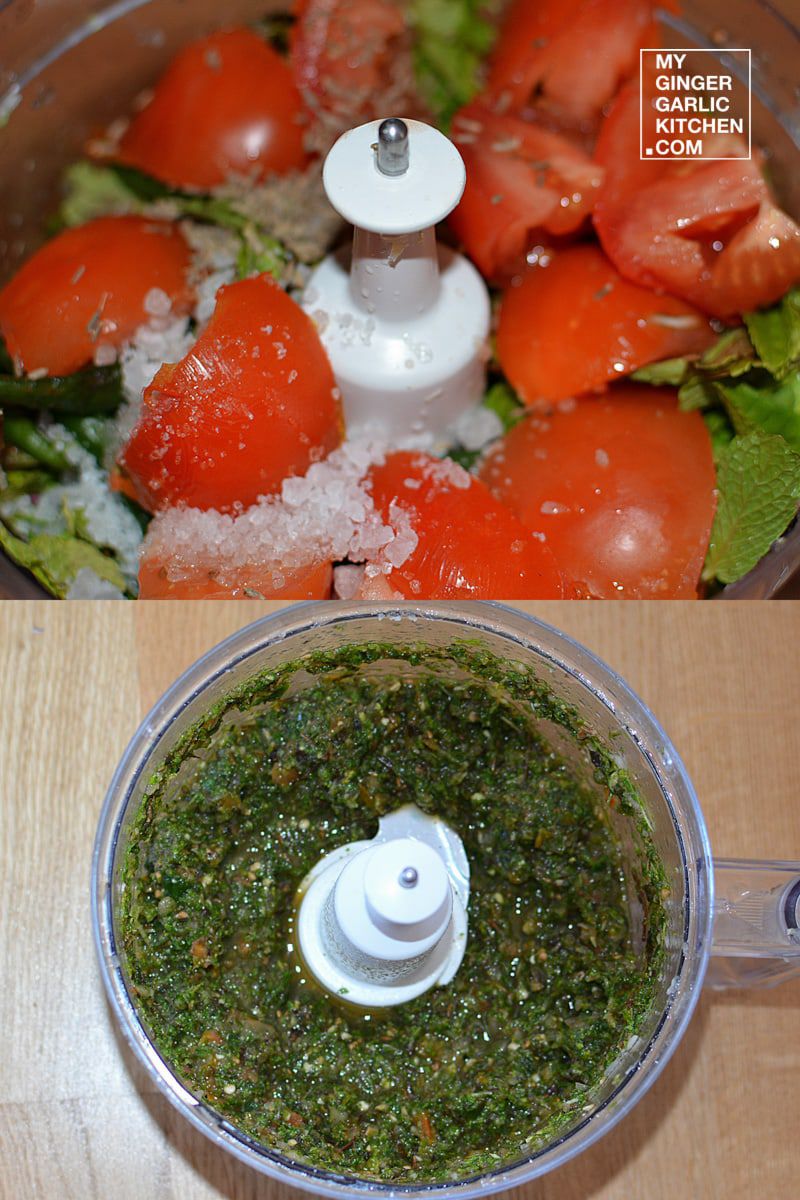 a food processor with a mixture of food in it