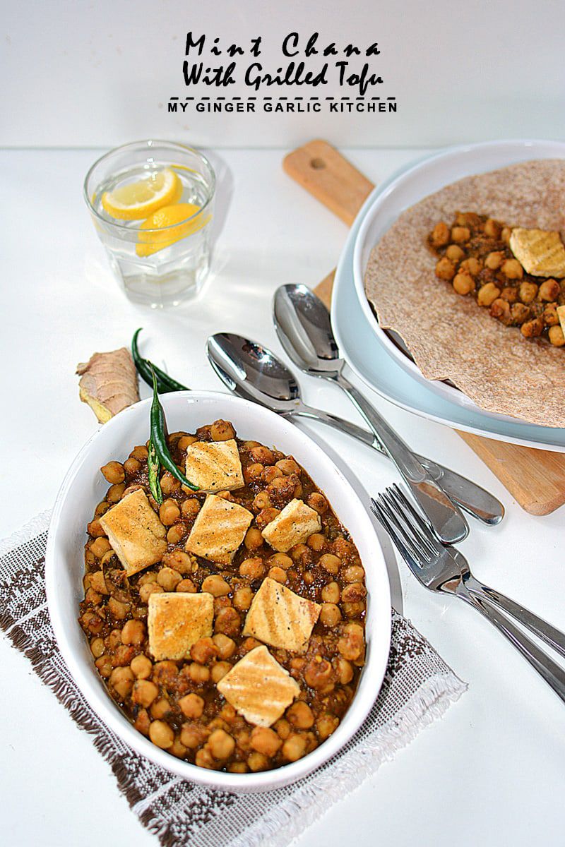 a bowl of mint chana with grilled tofu and a plate of tortilla with chickpea