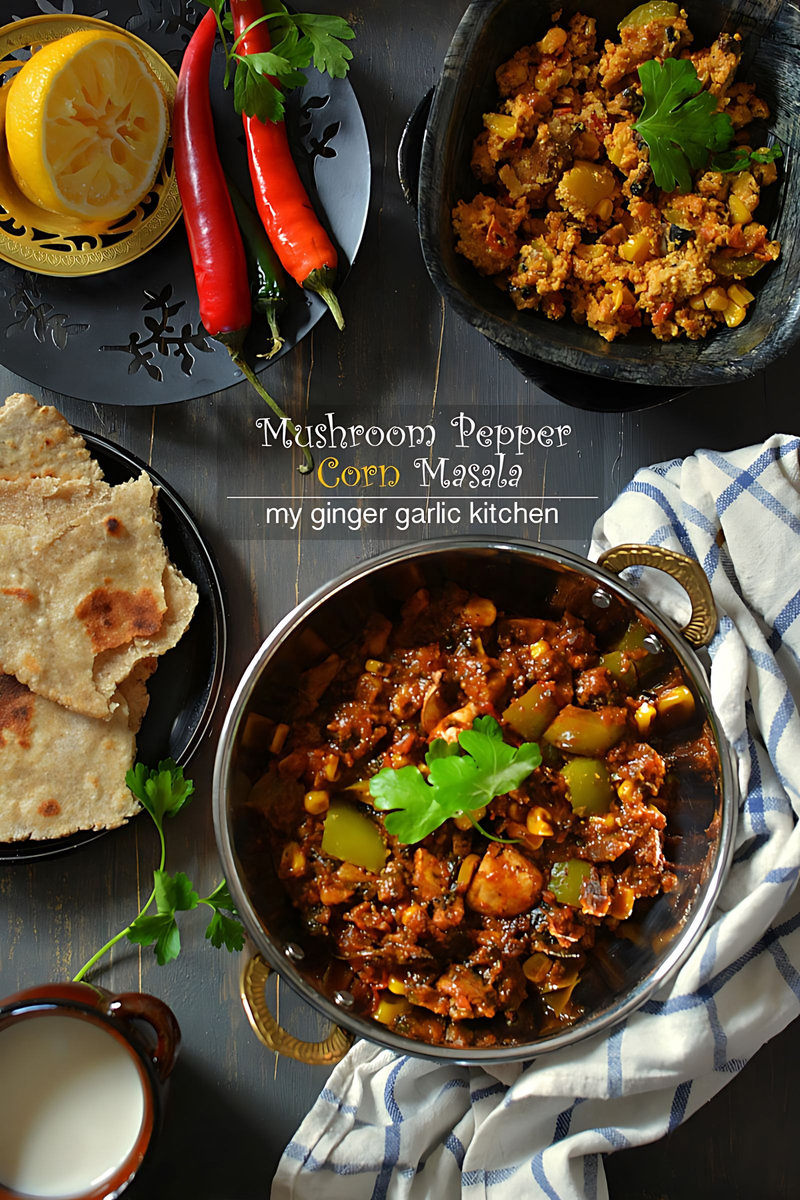 a bowl of mushroom pepper corn masala on a table with rotis, buttermilk and a napkin