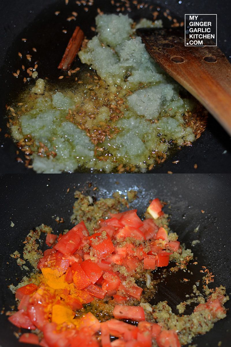 two pictures of a pan with mushroom pepper corn masala cooking in it