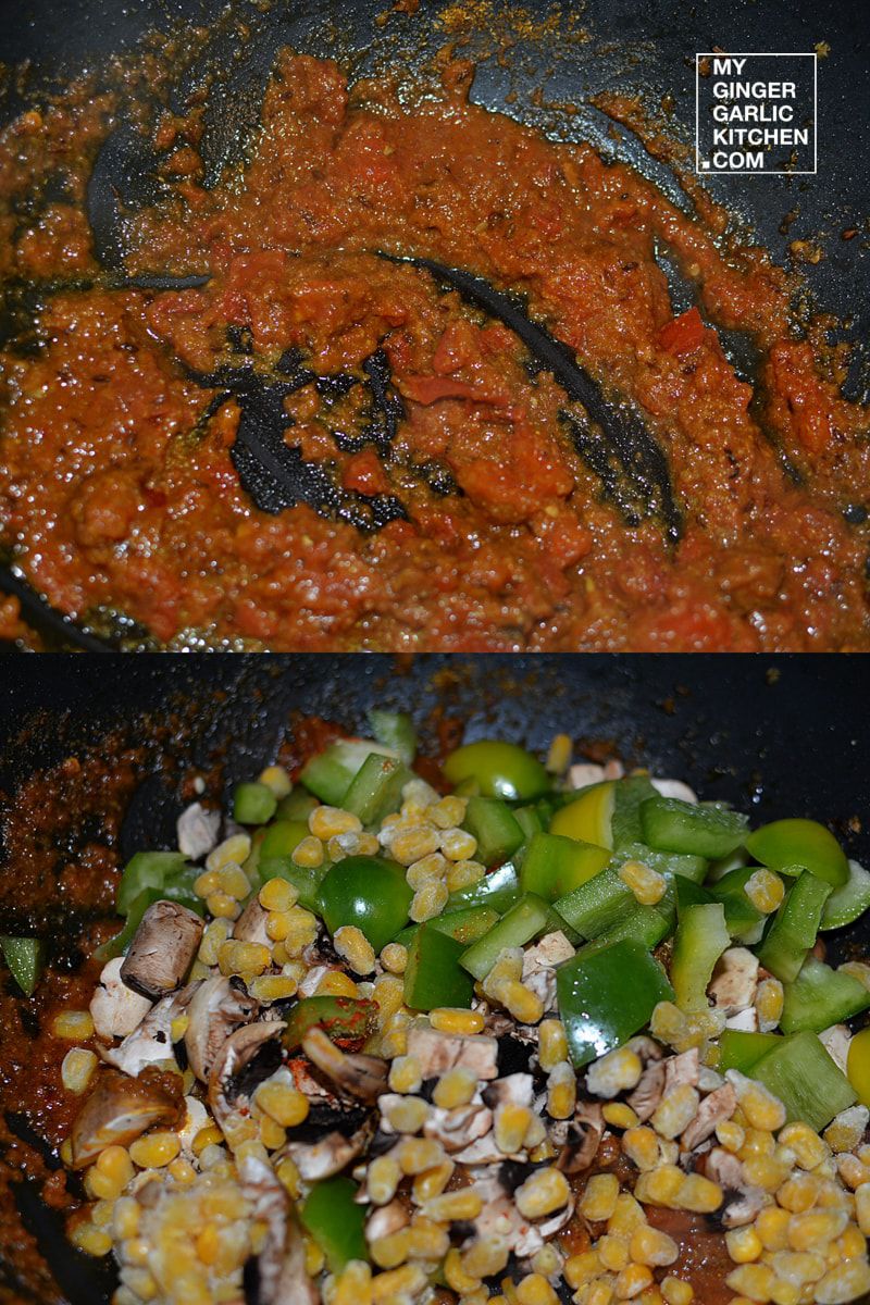mushroom pepper corn masala cooking in a wok with vegetables and meat