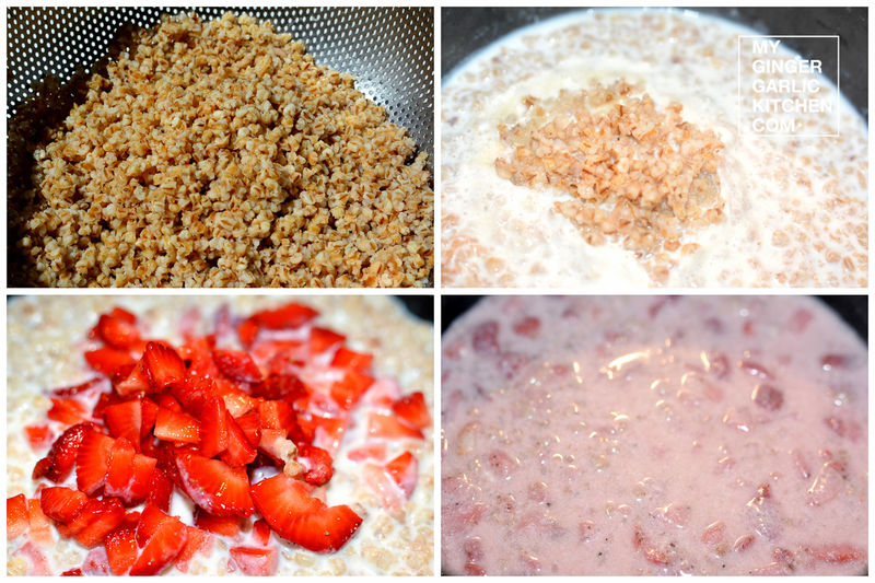 oat strawberry kheer cooking in four different pictures with strawberries and other ingredients