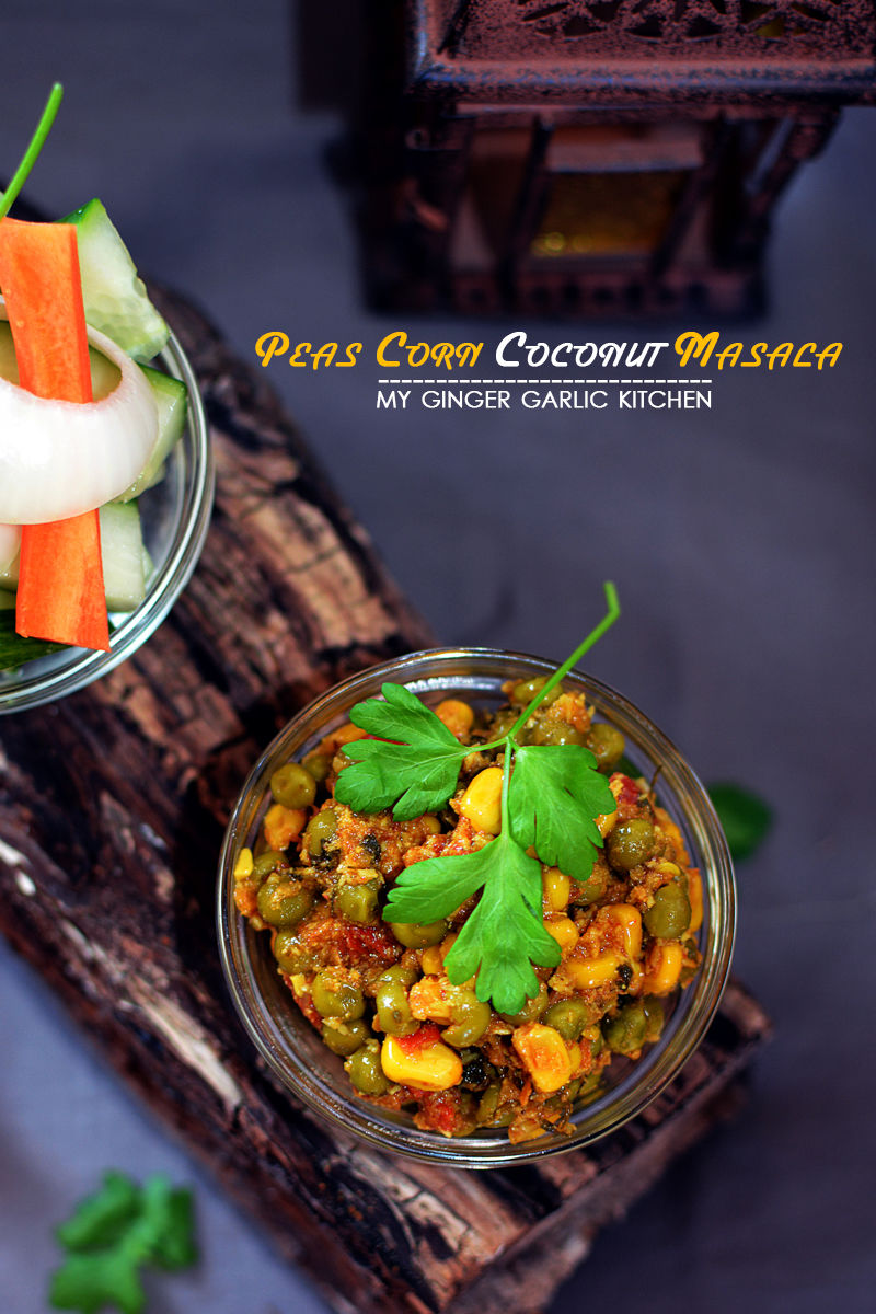 a bowl of peas corn coconut masala with a bowl of vegetables