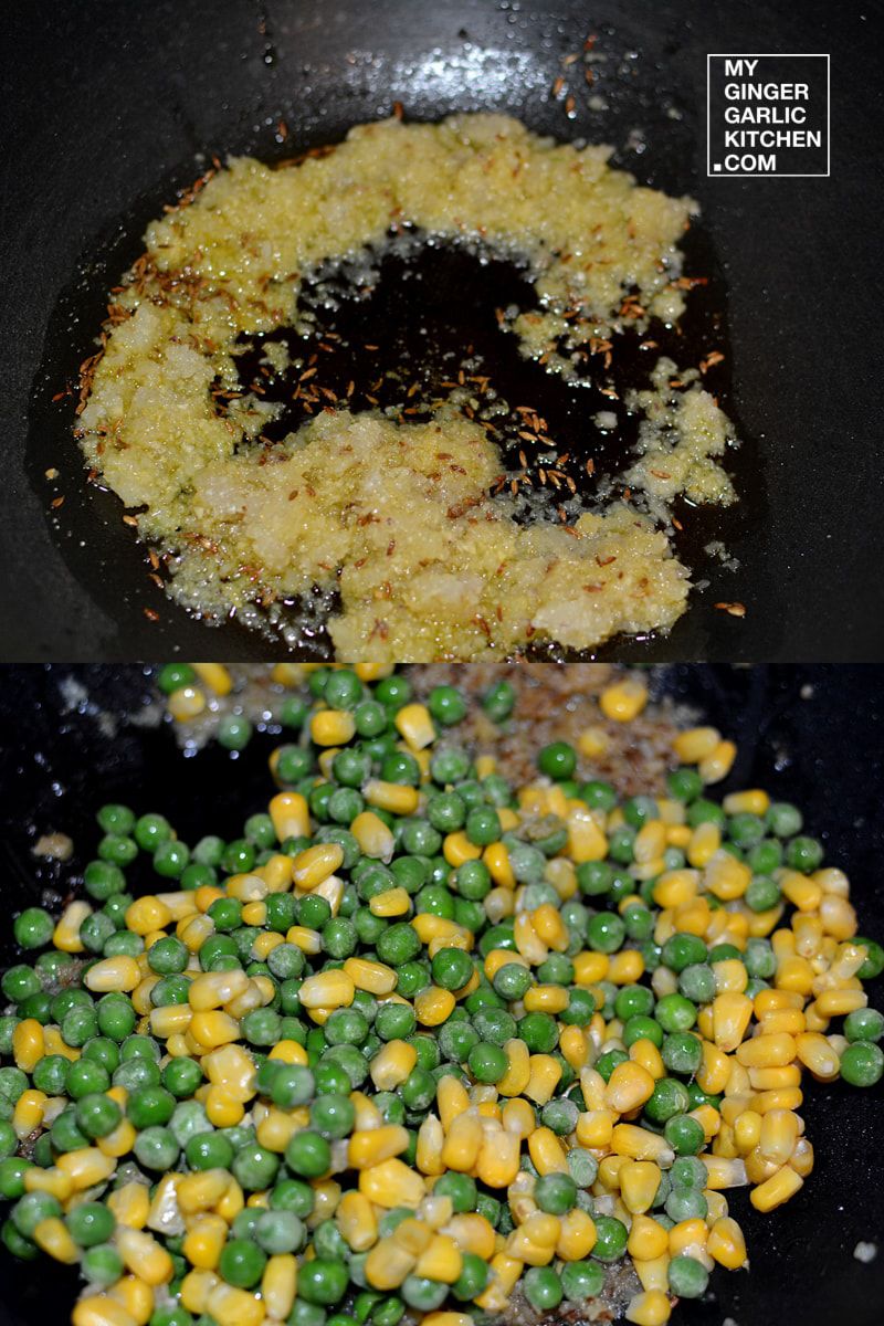 step of cooking a peas corn coconut masala in a wok with corn and peas