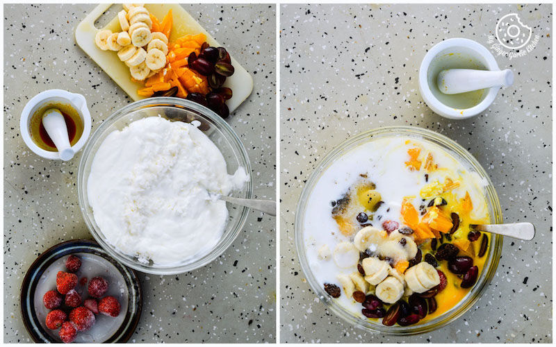 two pictures of a bowl of yogurt and a bowl of fruit