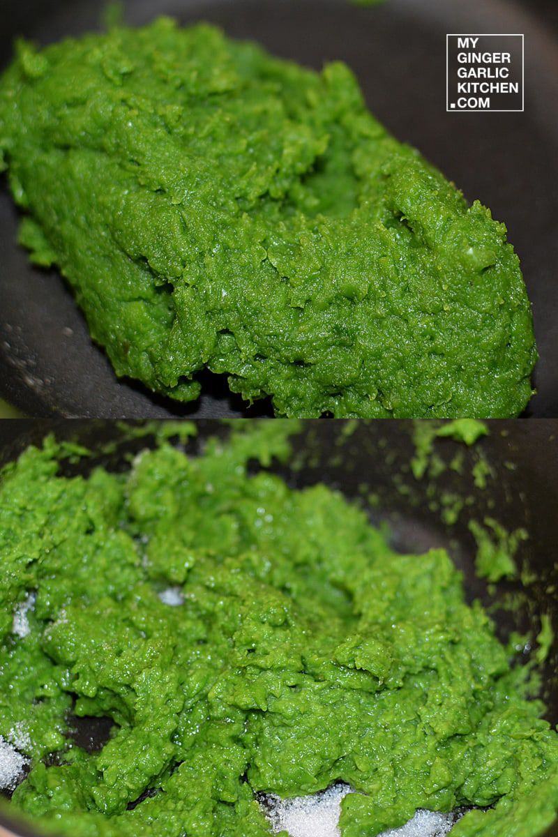 a pan with some green food in it