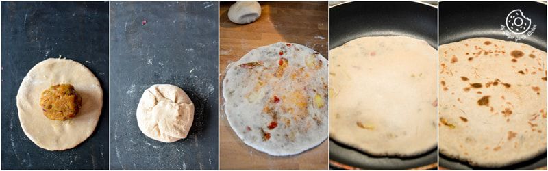 a close up of four pictures of a paratha being cooked