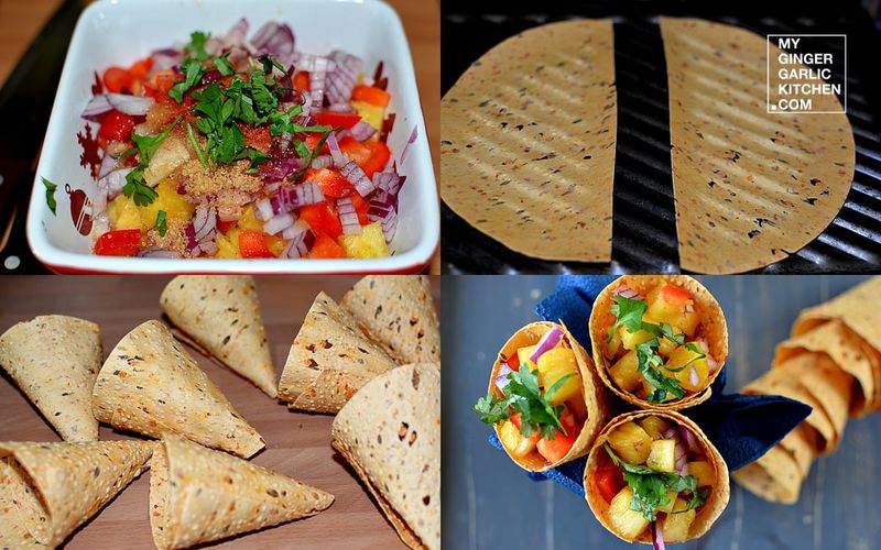 pineapple salsa with papadum cones and papads on a grill