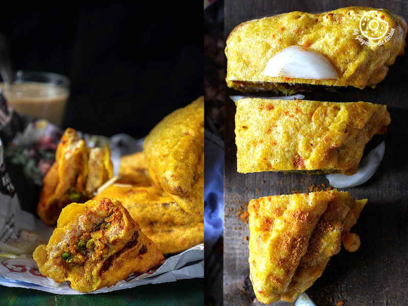 three different pictures of potato stuffed bread pakoras on a table