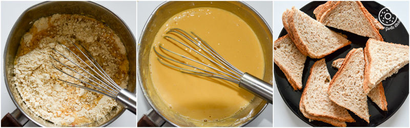 bread and cheese being cooked in a pan with a whisk