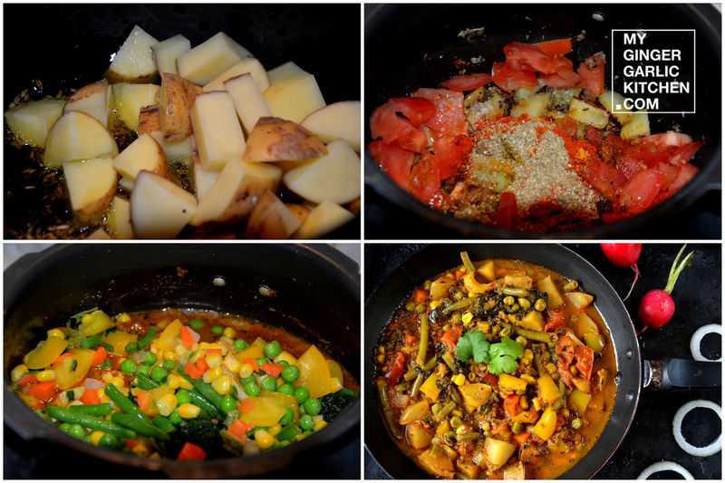 four pictures of a variety of food cooking in a pan