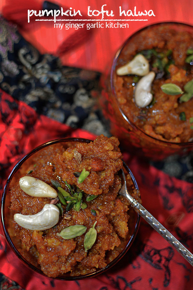two bowls of pumpkin tofu halwa with nuts and a spoon in it