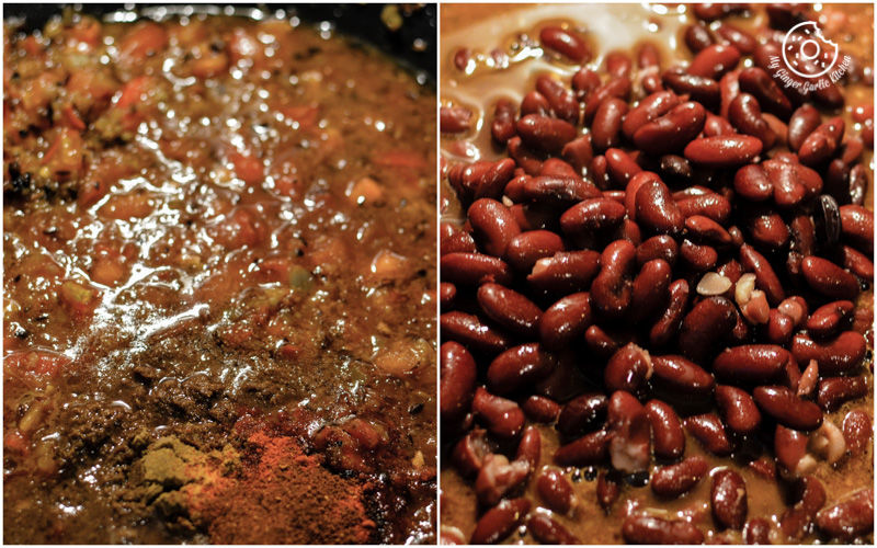 two pictures of a pot of rajma masala and a pan of food
