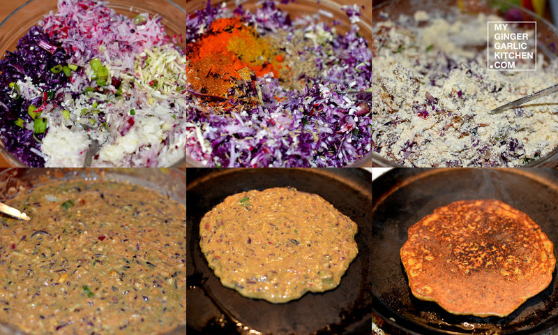 red cabbage cauliflower radish pancakes cooking steps in a collage