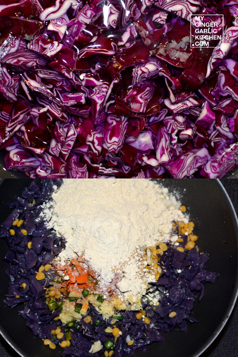 a plate of food that includes red cabbage and other vegetables