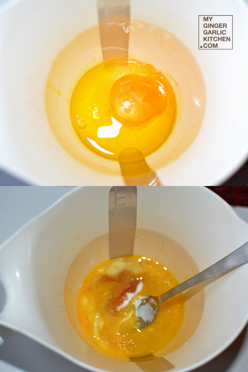 two pictures of a bowl of soup with an egg in it