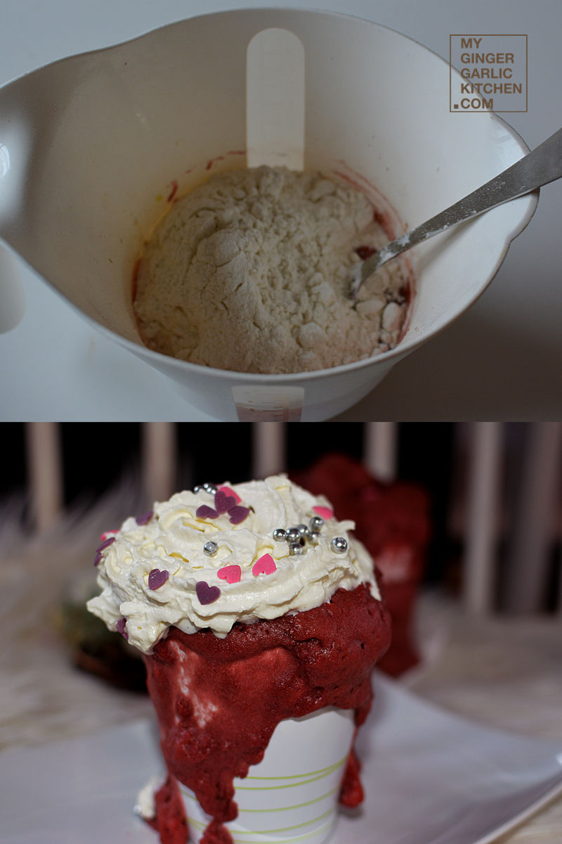 a red velvet mug cake with a spoon in it and a bowl with a scoop
