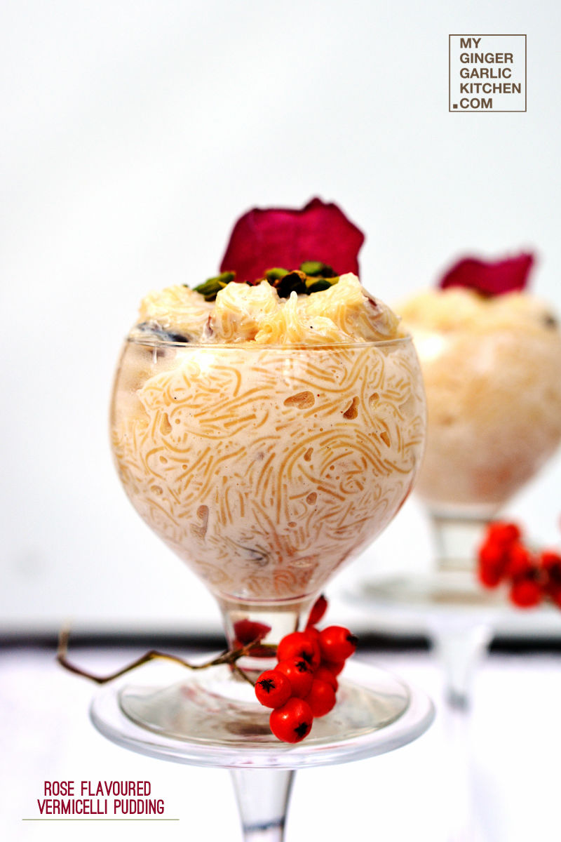 two glasses of rose flavoured vermicelli pudding in them on a table