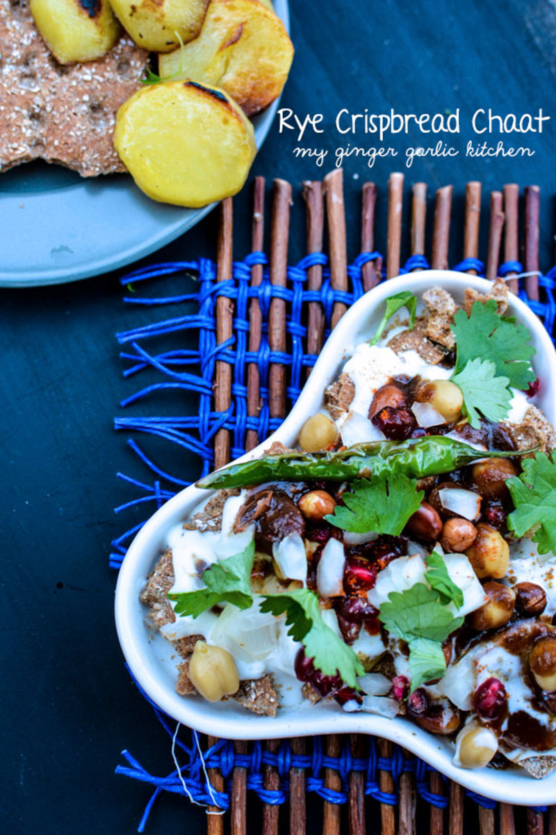 a plate of rye cracker chaat and a plate of potatoes