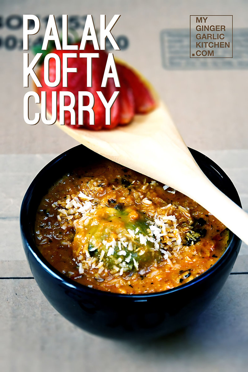 a bowl of spinach kofta curry with a spoon in it
