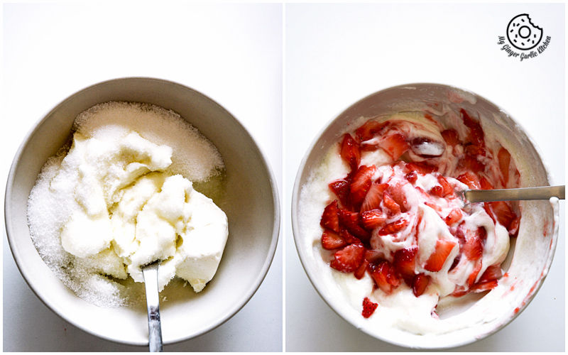 two bowls of strawberries and whipped cream with a spoon